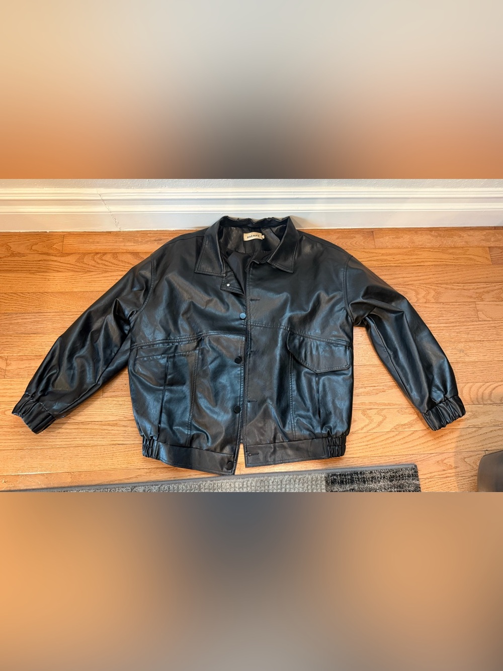 Haerpy Women's Black Faux Leather Bomber Jacket large worn on collar